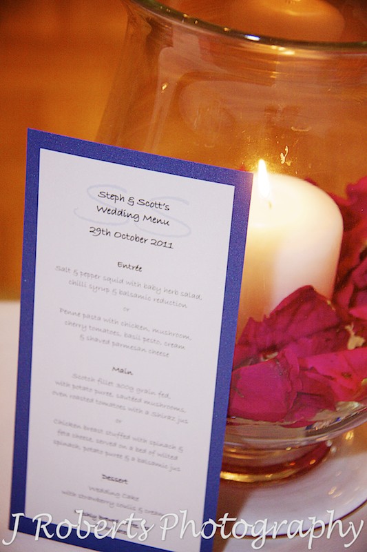 Wedding menu at the Kirribilli Club - wedding photography sydney